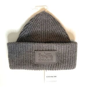 COACH Wool Blend Logo Patch Knit Beanie NWT Fold Over Cuffed Hat One Size Grey